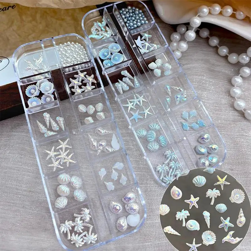 MAFANAILS 3D Ocean Style Nail Charms – Blue Shell, Starfish & Conch, 12 Grids