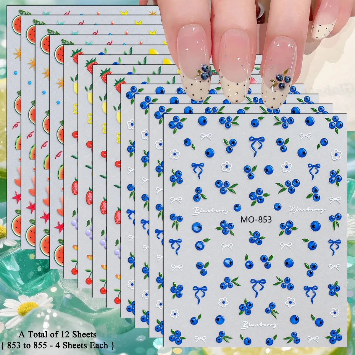5D Fruit Nail Stickers – Blueberry, Strawberry & Watermelon Summer Decals