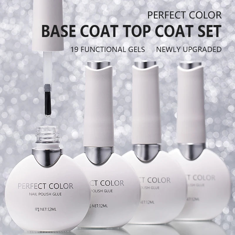 PERFECT COLOR Gel Nail Polish Top & Base Coat Set – Silky Base, Glossy No-Wipe Top