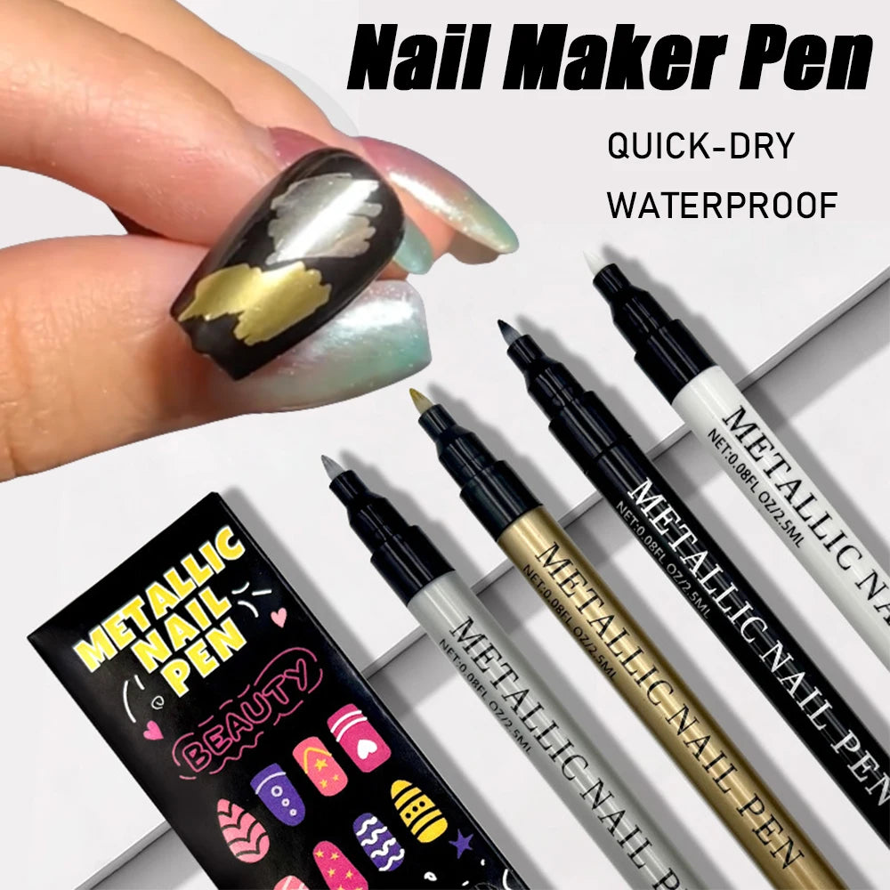 Metallic Nail Art Pens – 0.5mm Fine Tip Waterproof Liner Markers, 4 Colors
