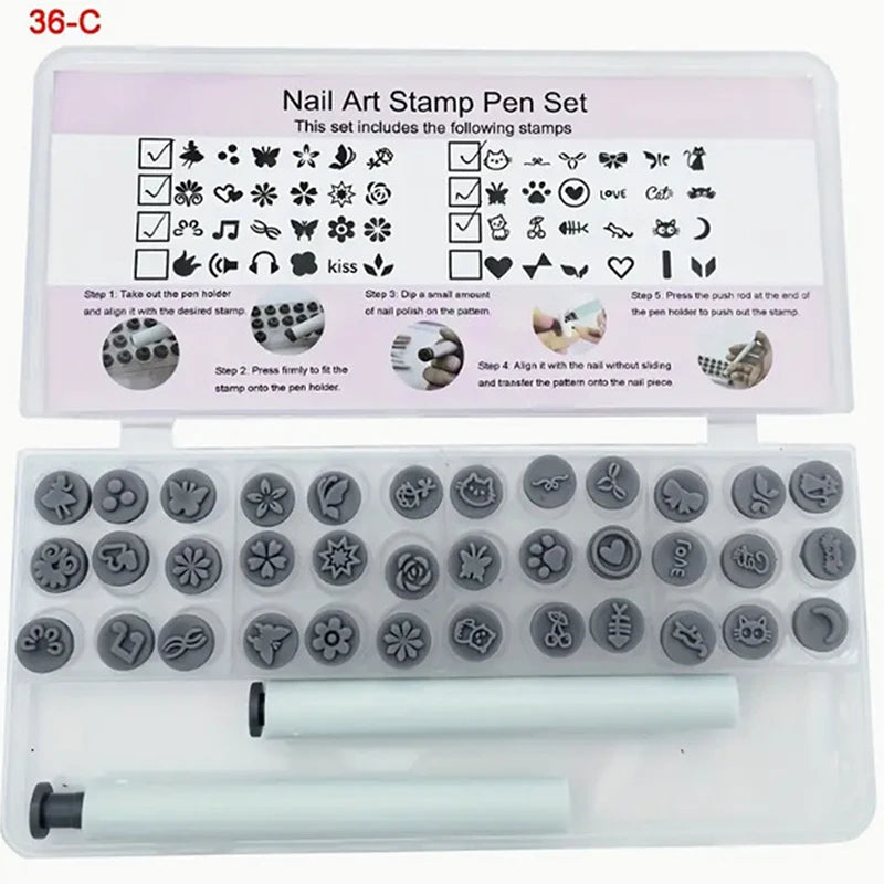 Nail Art Stamp Pen Set – DIY Graffiti & Flower Stamper with Storage Box, 12/36pcs