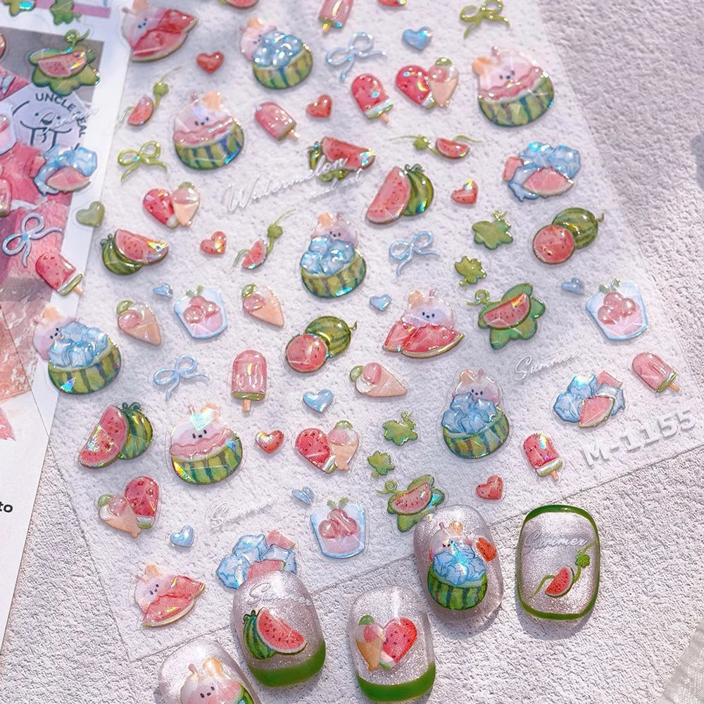 5D Summer Nail Art Stickers – Watermelon, Ice Cream & Bowknot Jelly Decals