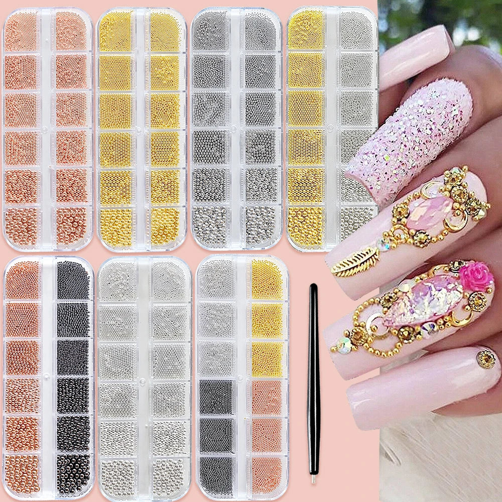 MAFANAILS Mini Caviar Bead Nail Charms with Magnetic Pen – Gold & Silver Steel Beads