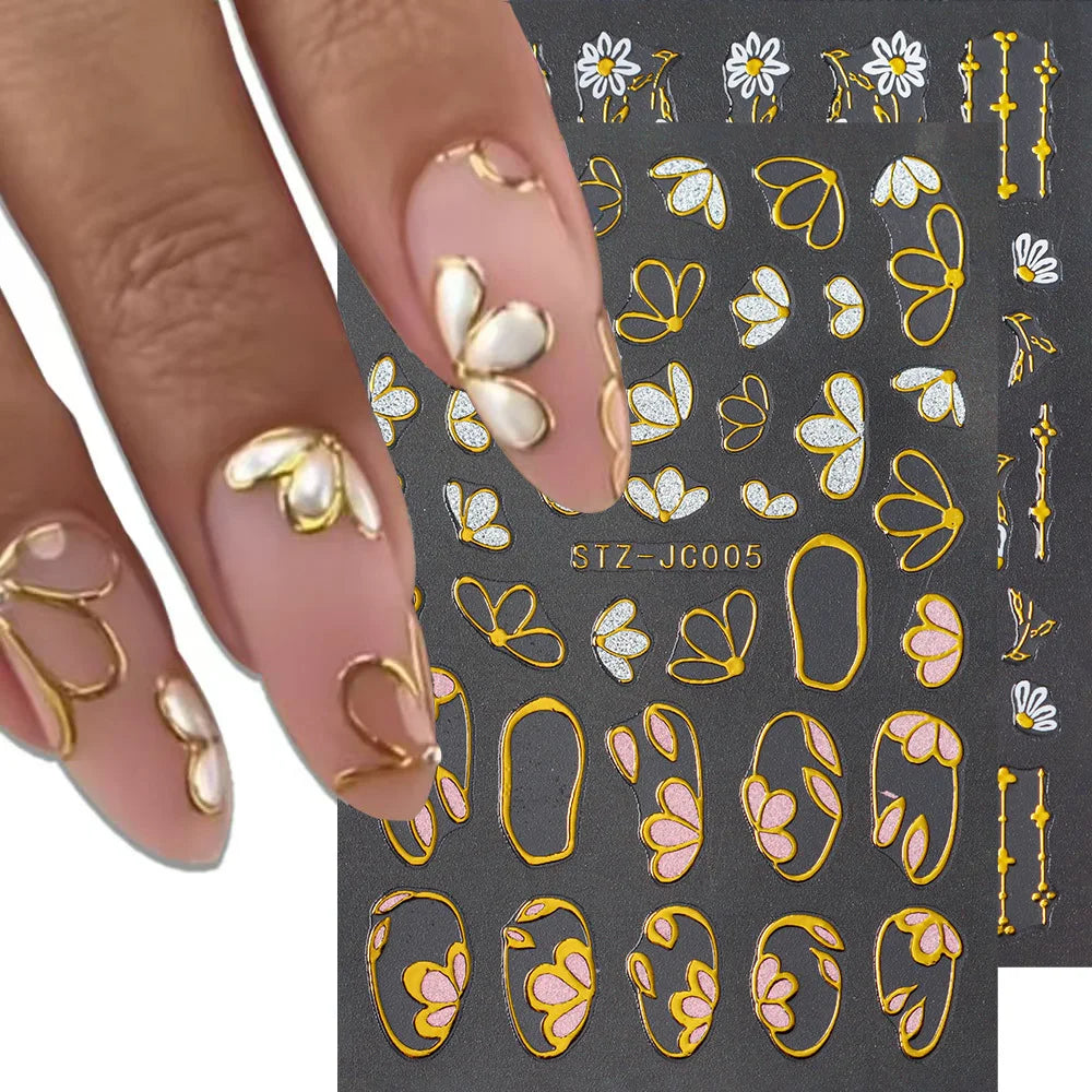 3D Pink Gold Flower Nail Stickers Metallic Gold Line Floral Petals Sakura Sliders Decals Spring Elegant DIY Manicure Decoration