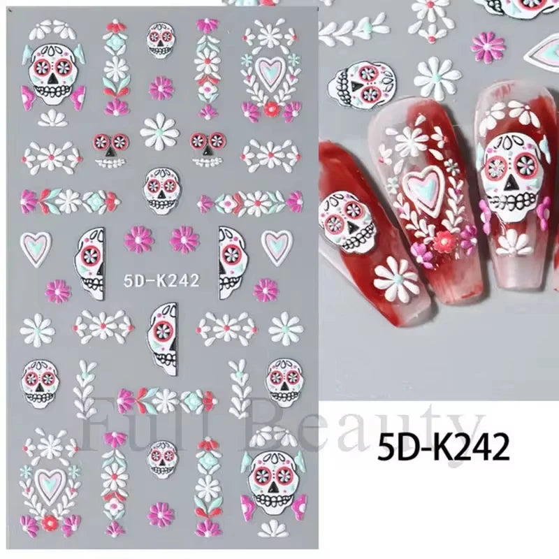 5D Embossed Nail Art Stickers – Floral, Lace & Halloween Textured Decals