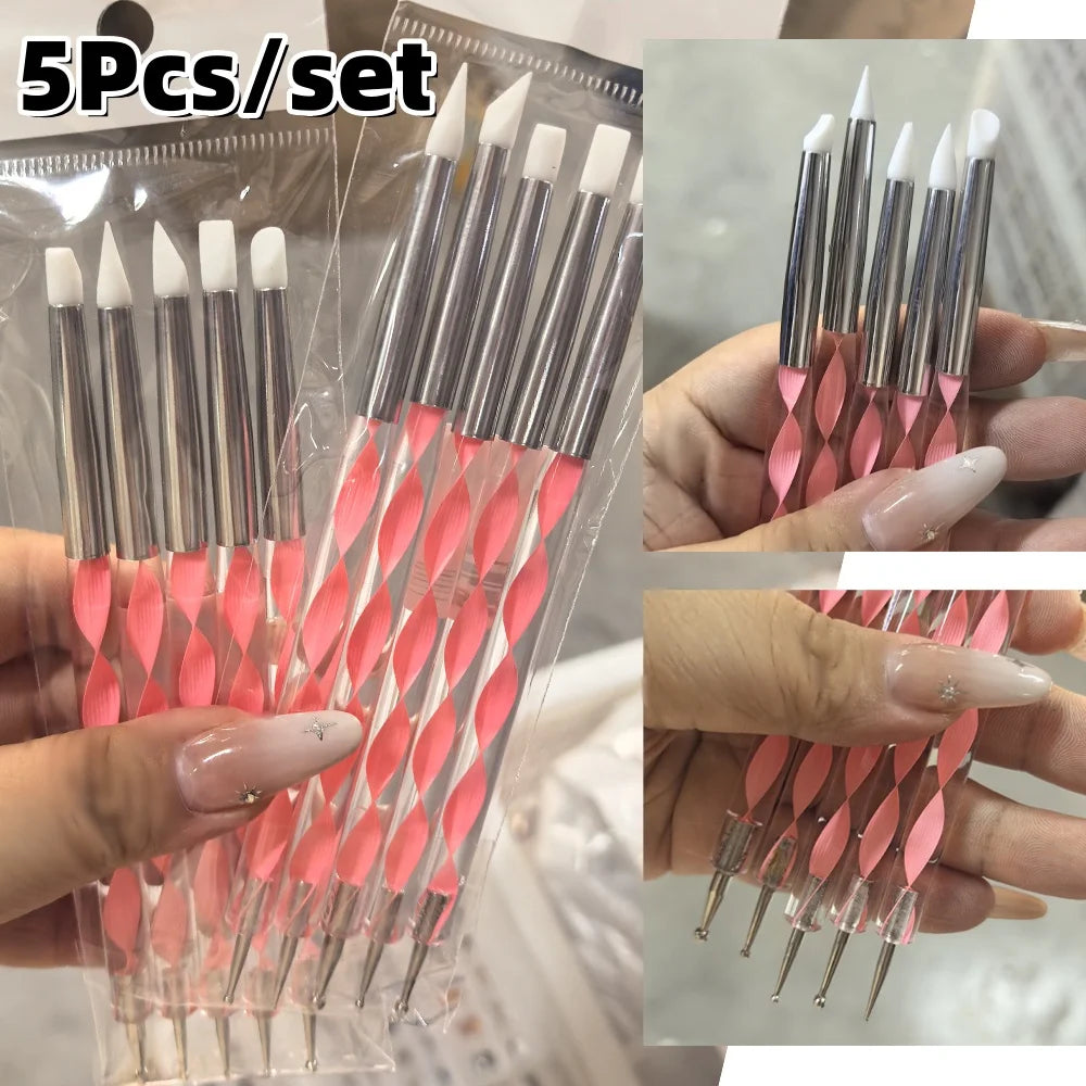 Dual-End Silicone Nail Dotting Brushes – Marbleizing Painting Pens, 5 Pieces