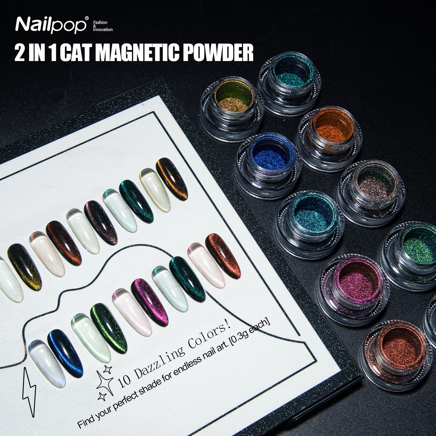 Nailpop  Metallic Cat Eye Nail Powder 10 Colors Magnetic Changing Glitter DIY Nail Art Decoration Glitter Nail Accessories 0.3g