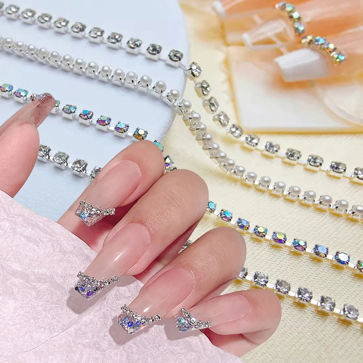 Sparkling Rhinestone Chain Nail Charms – Claw-Set Crystal Metal Chain