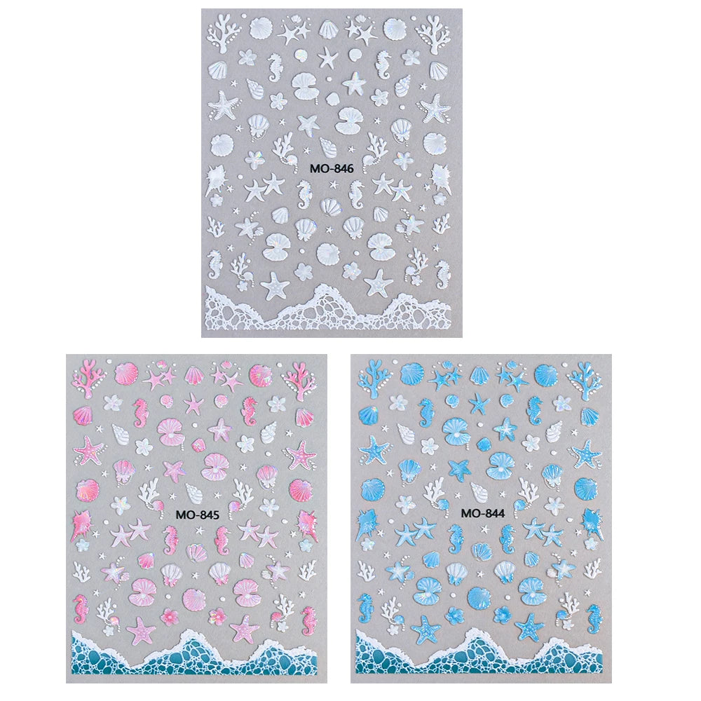Holographic 3D Ocean Nail Art Stickers – Shell & Starfish Seaside Decals, 3 Sheets