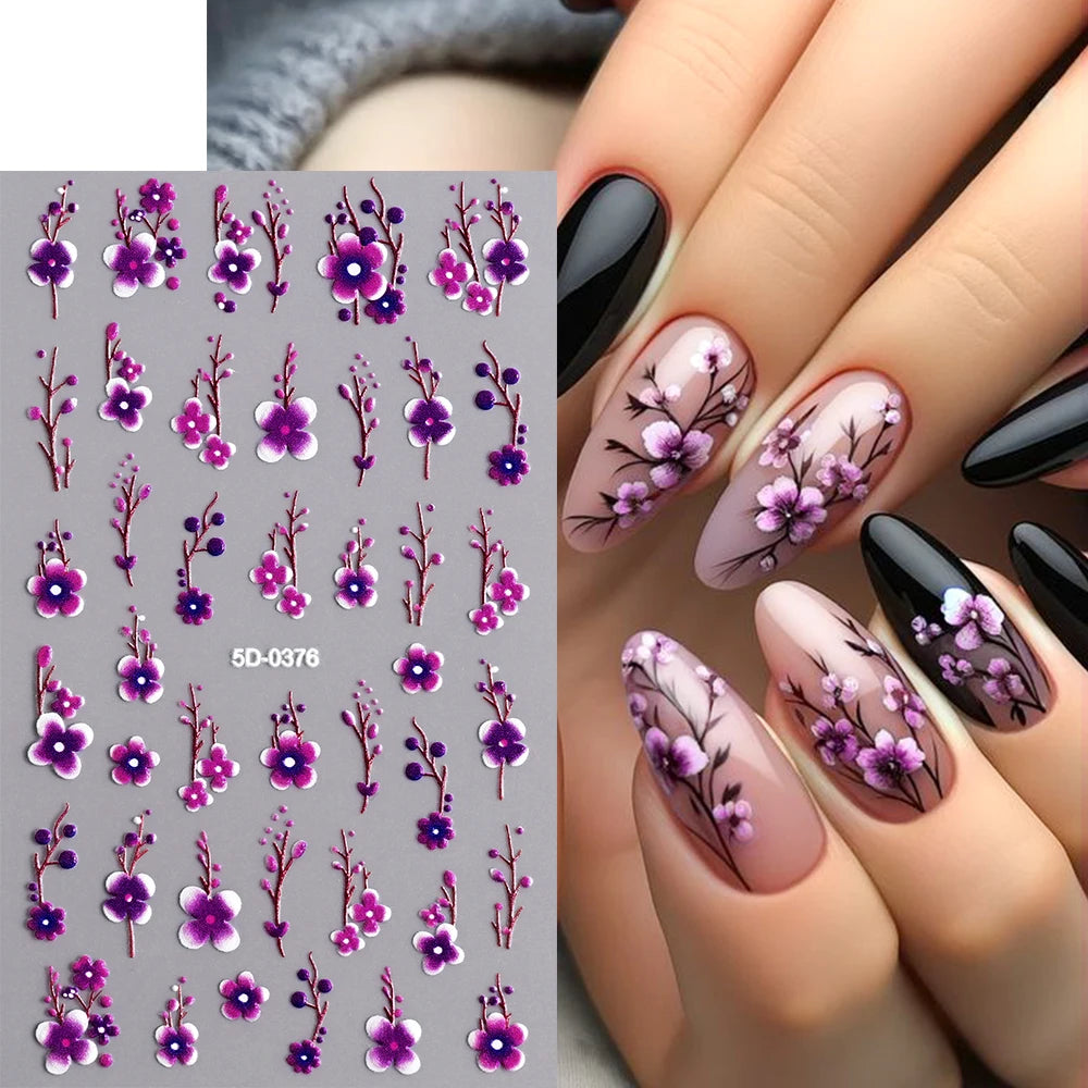 MingLee 5D Embossed Sakura Flower Nail Stickers – Lavender, Rose & Leaf Decals