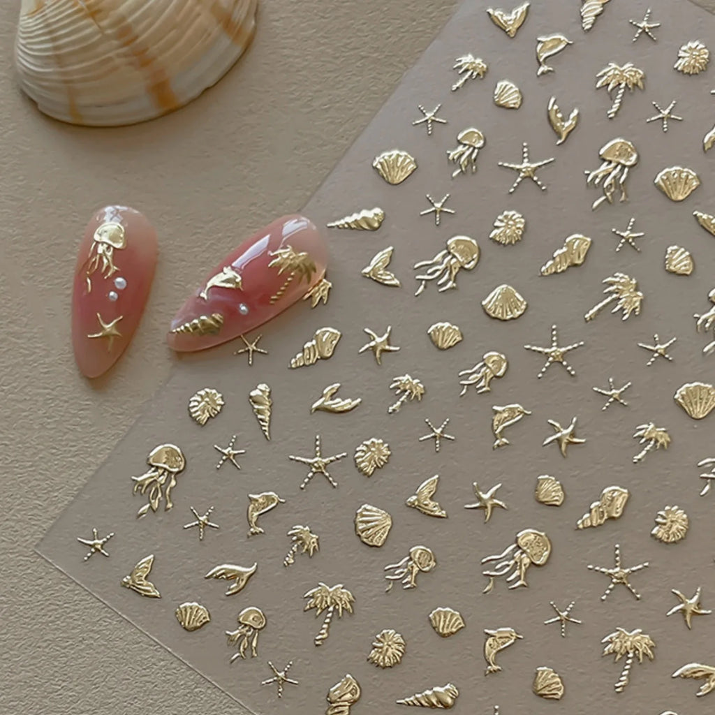5D Hot Stamping Ocean Nail Stickers – Jellyfish, Shell & Starfish Tropical Decals