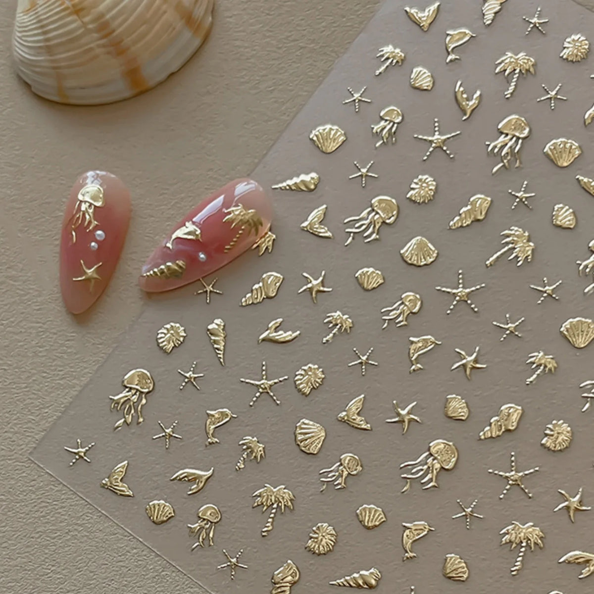 5D Hot Stamping Ocean Nail Stickers – Jellyfish, Shell & Starfish Tropical Decals