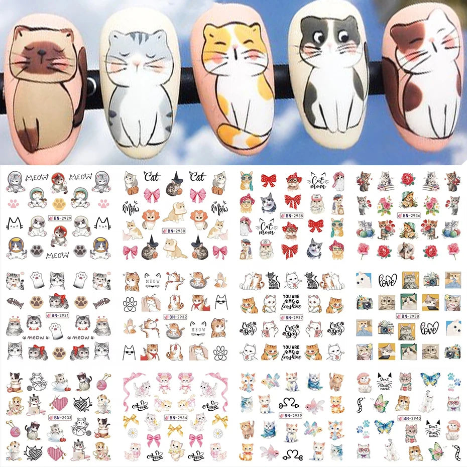 Full Beauty Cute Cat Nail Water Stickers – Kawaii Watercolor Cartoon Decals, 12pcs