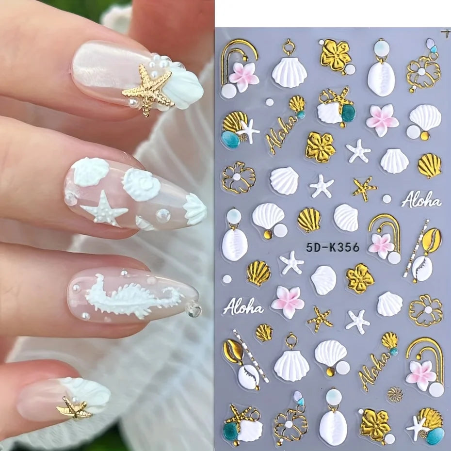 Summer Ocean Embossed Nail Art Stickers - Shell Starfish Floral Self-Adhesive Nail Decals, 3D Textured DIY Nail Decorations for
