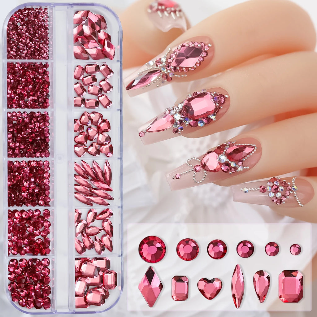 Sparkle Crystal Nail Rhinestones – Mixed Shape Flatback Gems, 12 Grids