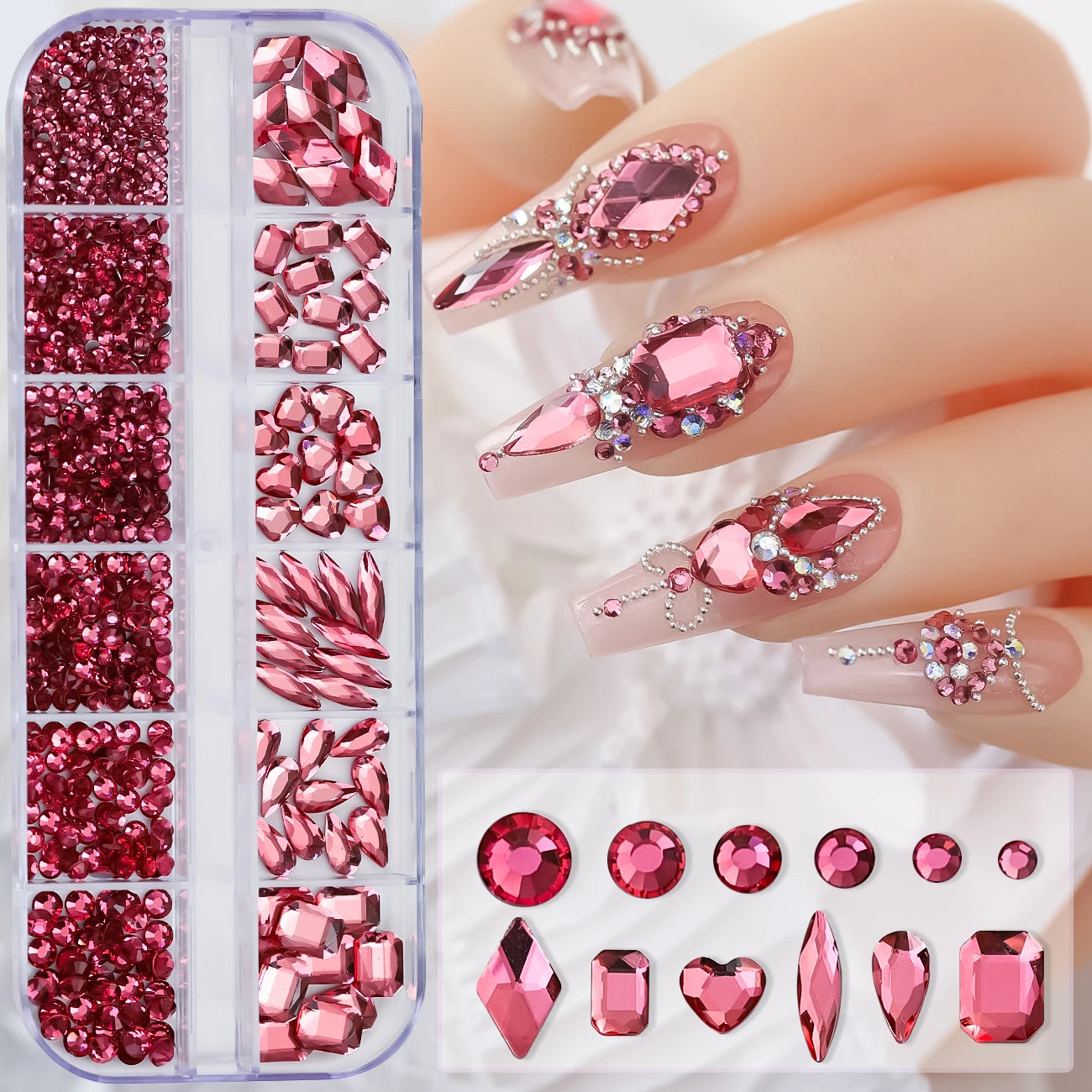 Sparkle Crystal Nail Rhinestones – Mixed Shape Flatback Gems, 12 Grids