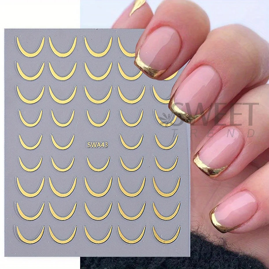 Gold & Silver French Curve Stripe Nail Stickers – Simple Swirl Line Tape