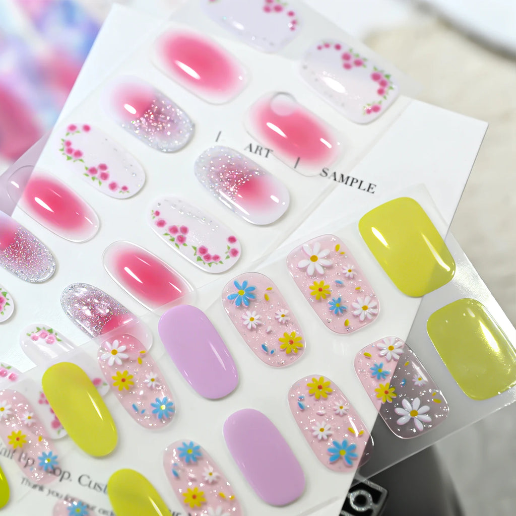 16-Tip Floral Full-Cover Nail Wraps – Daisy, Cherry & Tulip Gel Stickers