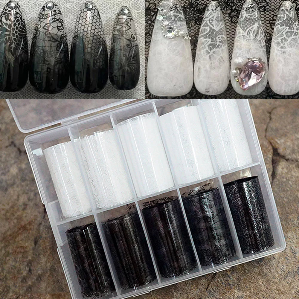 MAFANAILS Black & White Lace Nail Transfer Stickers – Sexy Flower Lace Foils, 10 Rolls