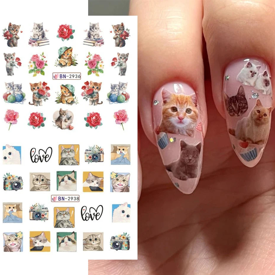 Full Beauty Cute Cat Nail Water Stickers – Kawaii Watercolor Cartoon Decals, 12pcs