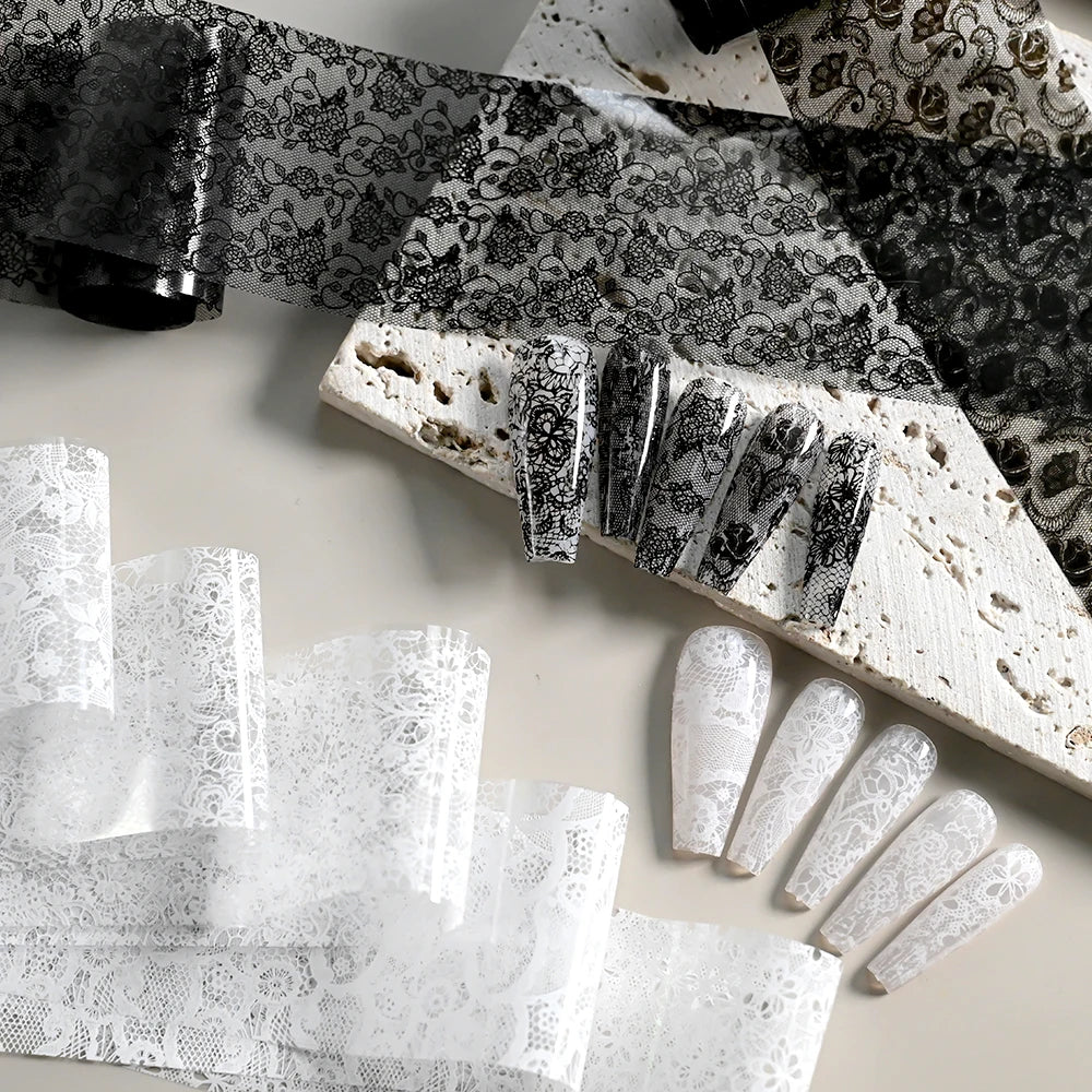 MAFANAILS Black & White Lace Nail Transfer Foils – Sexy Lace Flower Sticker Set, 10 Rolls