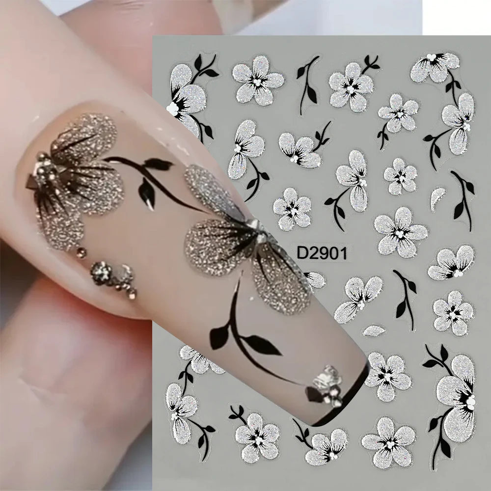 5D Glitter Silver Black Flower Nail Stickers – Embossed Floral Transfer Decals