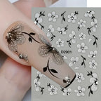5D Glitter Silver Black Flower Nail Stickers – Embossed Floral Transfer Decals