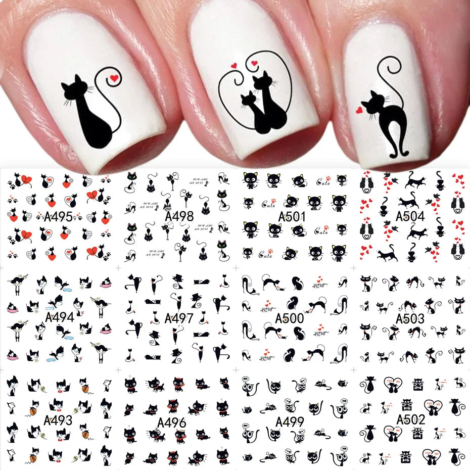 Full Beauty Black Cat & Heart Nail Water Stickers – Valentine's Cartoon Decals