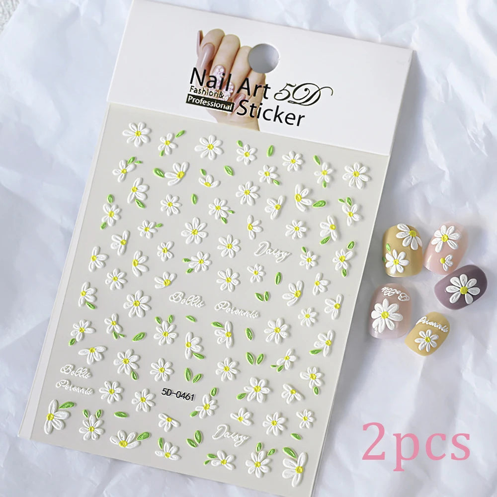 5D White Daisy Nail Art Stickers – Embossed Floret & Leaf Decals