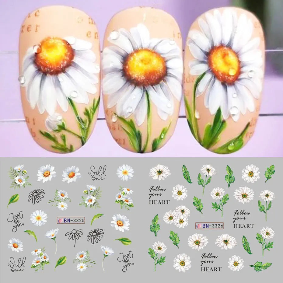 12-Style Daisy Flower Nail Water Sticker Set – Cute Summer Floral Decals