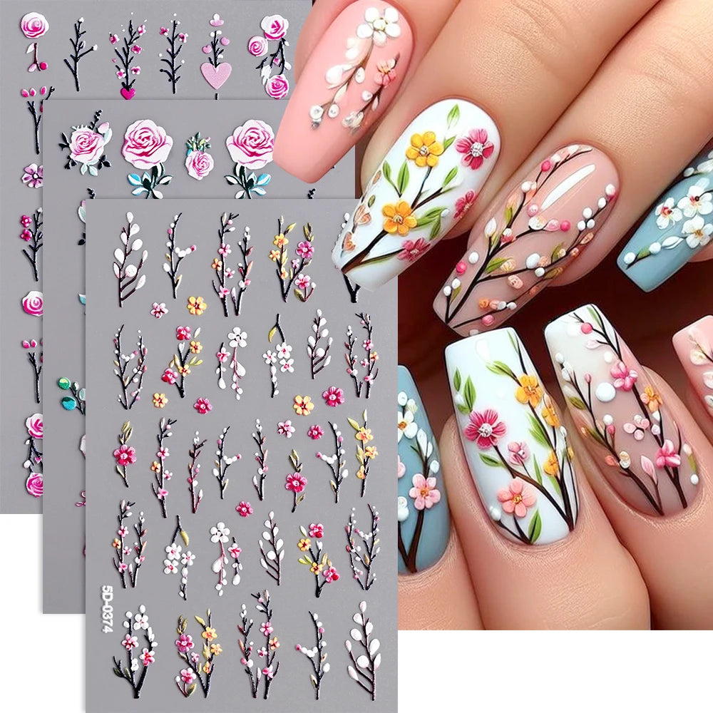 MingLee 5D Embossed Sakura Flower Nail Stickers – Lavender, Rose & Leaf Decals