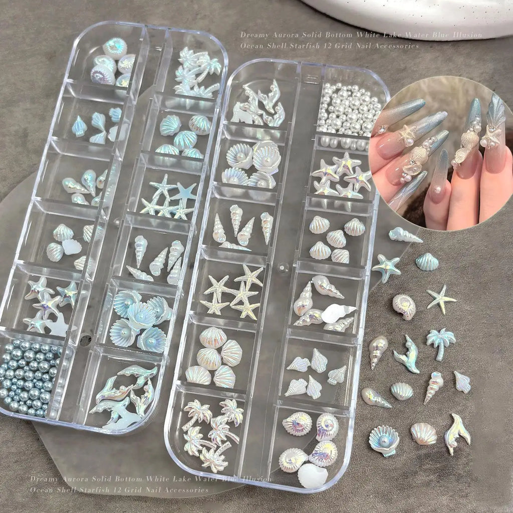 MAFANAILS 3D Ocean Style Nail Charms – Blue Shell, Starfish & Conch, 12 Grids