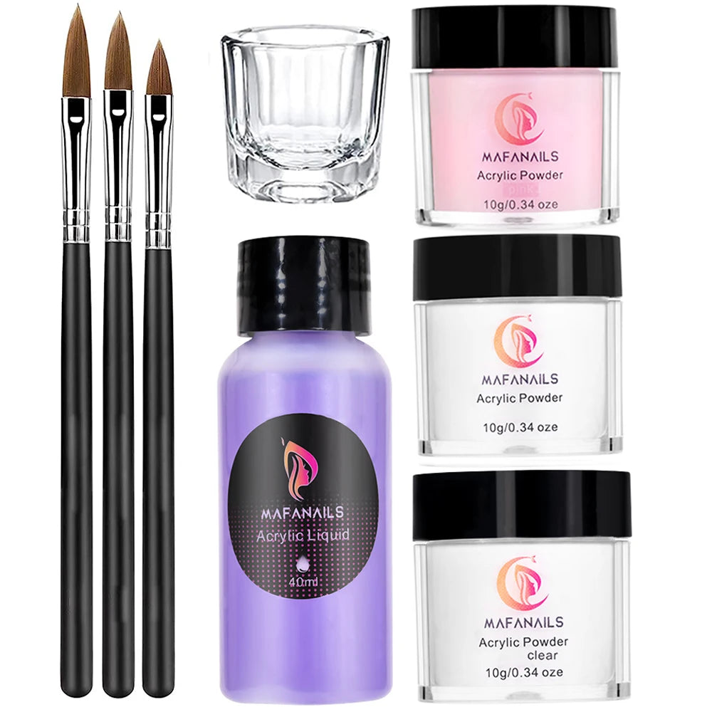 MAFANAILS Crystal Monomer Liquid & Brush Kit – Acrylic Powder & Nail Cup Set, 8pcs