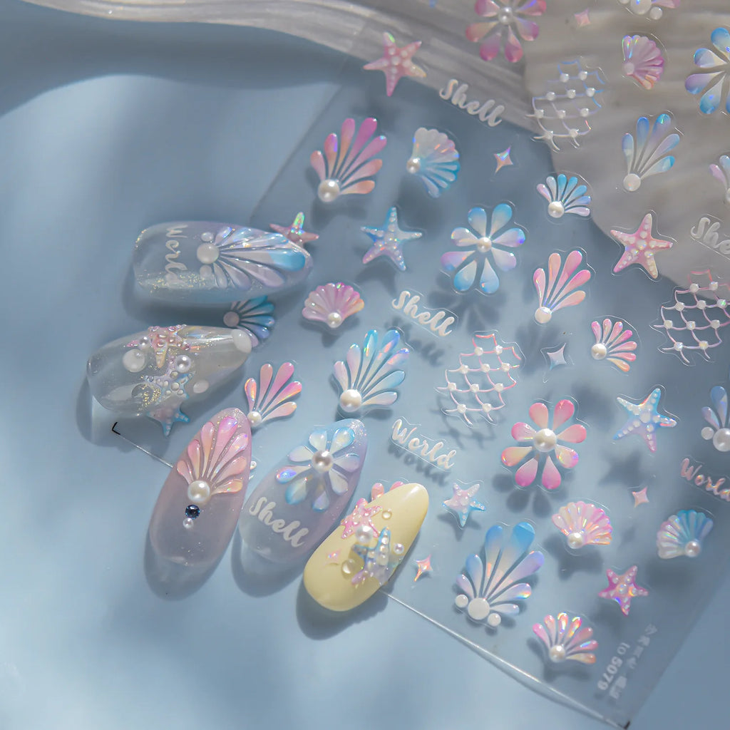 5D Summer Beach Nail Stickers – Shell & Crystal Diamond Ocean Decals