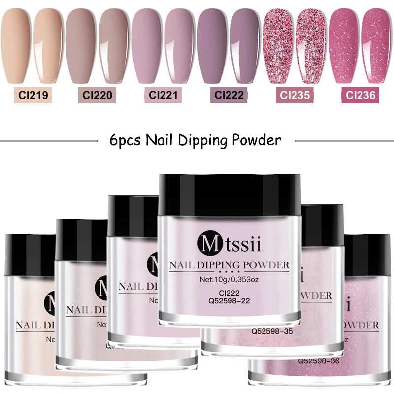 6pcs 10g Nail Dipping Powder Set Natural Dry No Lamp Cure Nail Art Decoration Nail Glitter Pigment Dust Powder Nail Supplies DIY