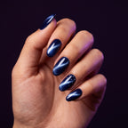 Midnight Cat Eye Press-On Nails | Oval Reusable Nail Set – Deep Blue Shimmer Design