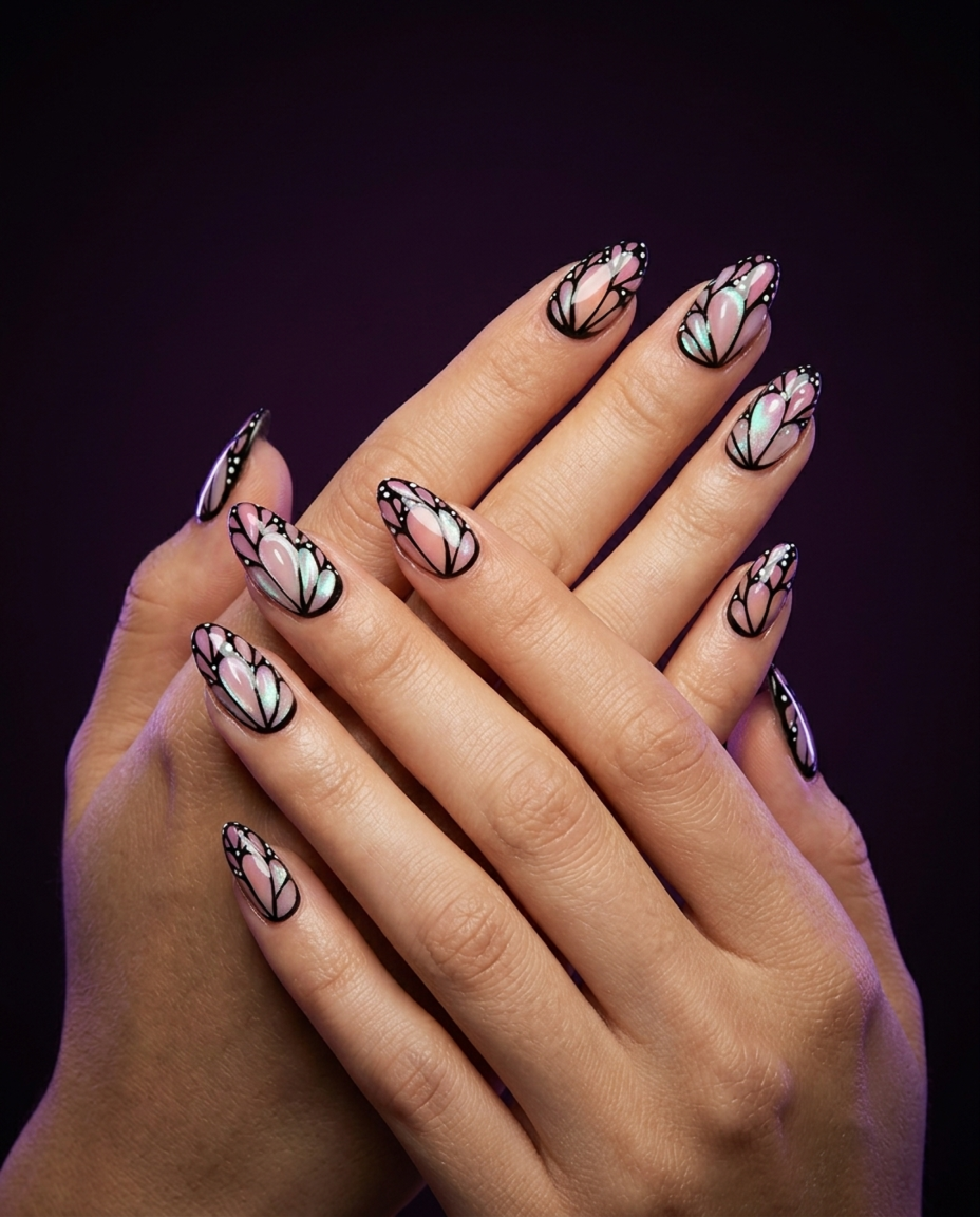 Iridescent Butterfly Wing Press-On Nails | Almond Stiletto Reusable Nail Set – Pink & Mint Glass Butterfly Design